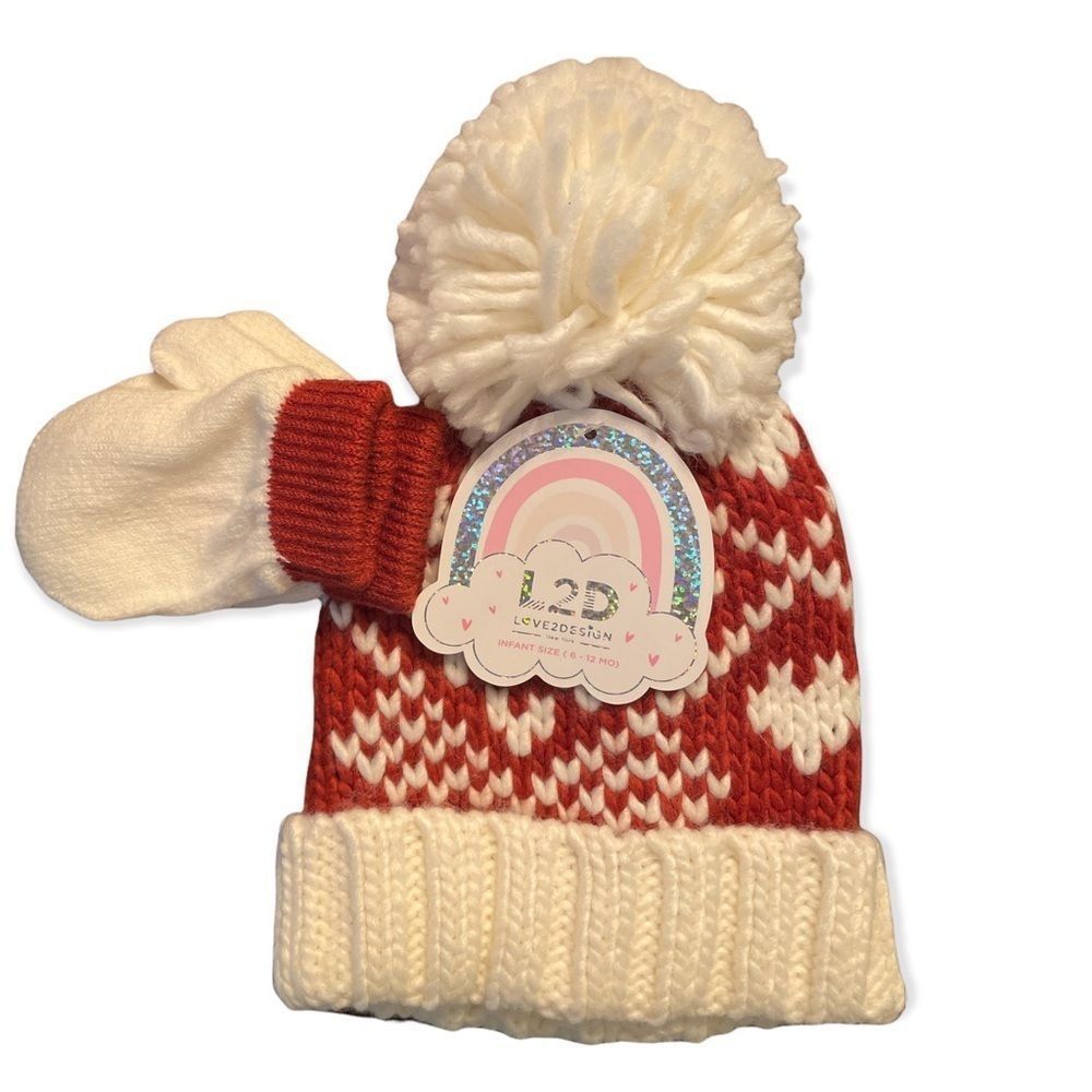NWT Love 2 Design matching heart pom pom hat & mittens infant 6 months